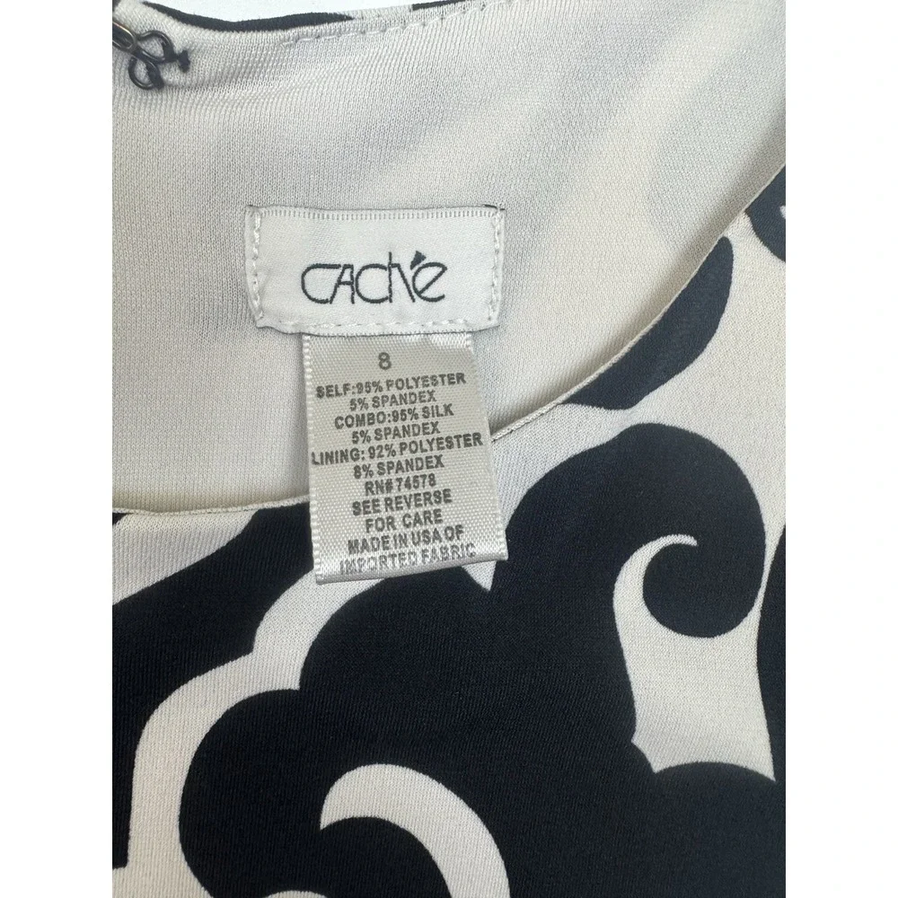 Caché Women's Dress Size 8 Black White Damask Print Sheath Long Sleeve Stretch 8